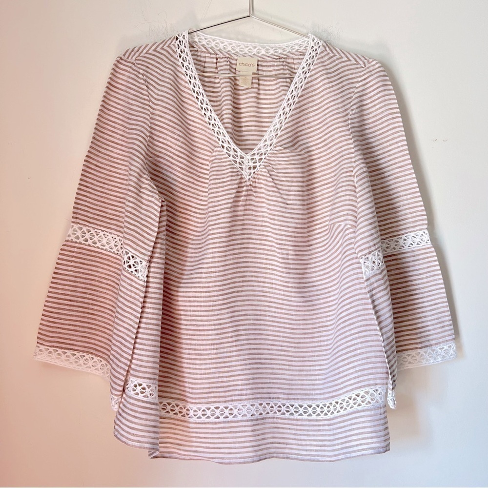 Chico's Linen Tan White Striped V-Neck Lattice Lace 3/4 Sleeve Popover Blouse